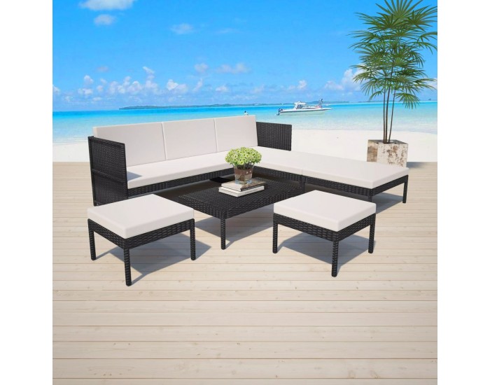 Sonata Градински комплект с възглавници, 6 части, черен полиратан -