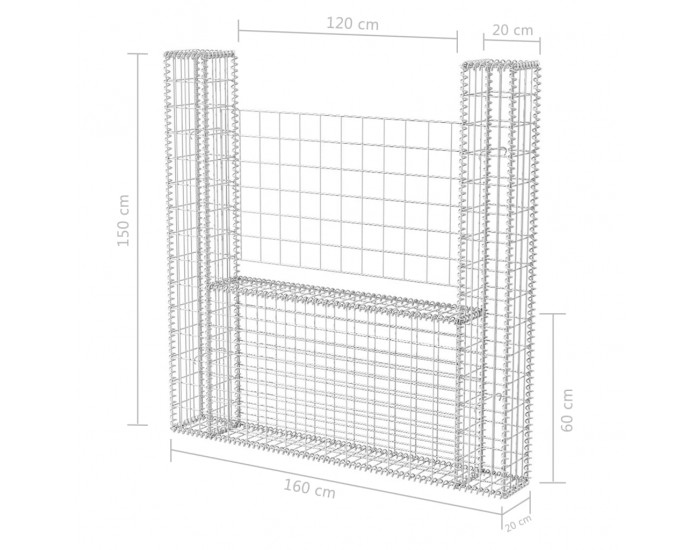 Sonata Габион кошница, U-форма, стомана, 160x20x150 cм -