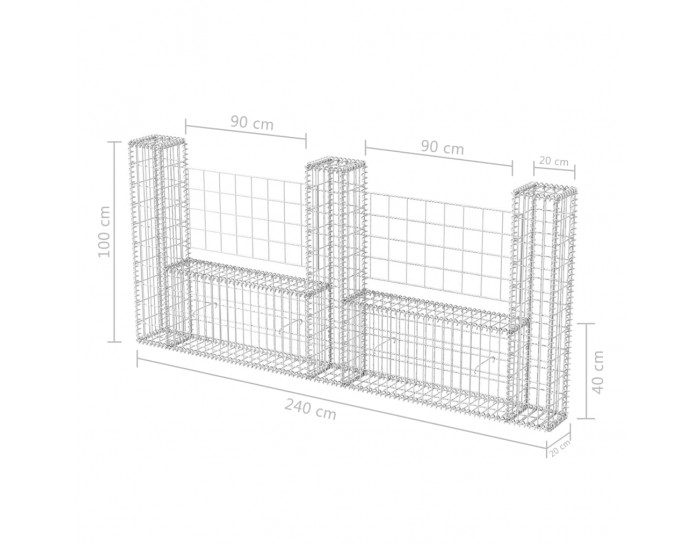 Sonata Габион кошница, U-форма, стомана, 240x20x100 cм -