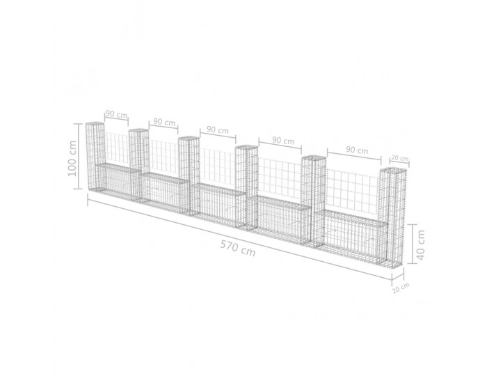 Sonata Габион кошница, U-форма, стомана, 570x20x100 cм -