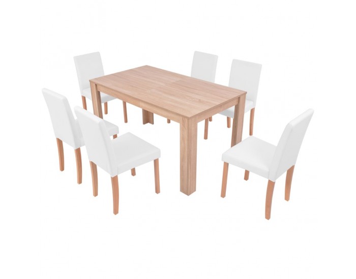 Sonata Трапезна маса и столове, 7 части, изкуствена кожа, дъб, кремаво -
