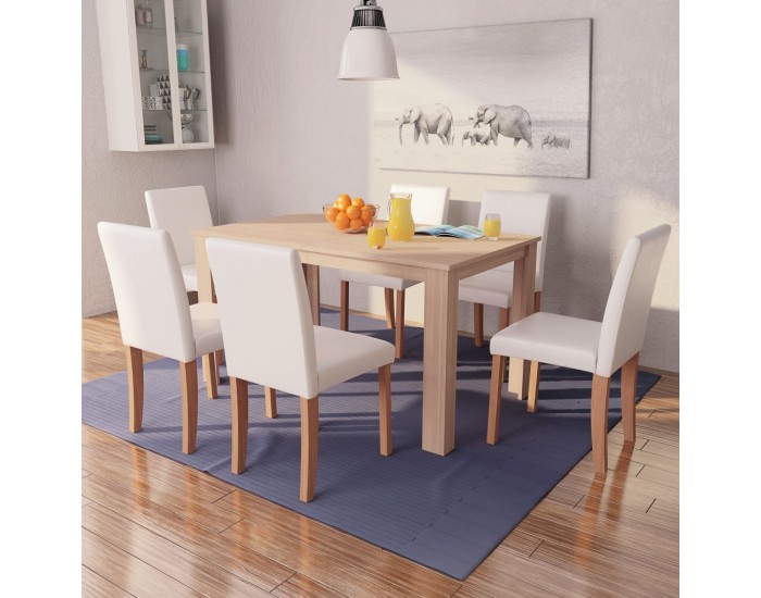 Sonata Трапезна маса и столове, 7 части, изкуствена кожа, дъб, кремаво -