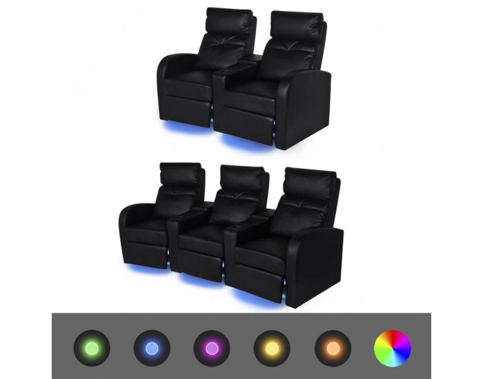 Sonata Комплект LED реклайнери 2 + 3 седалки, изкуствена кожа, черно -