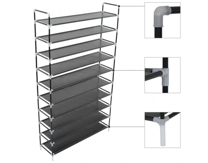 Sonata Стелаж за обувки с 10 рафта, метал и нетъкан текстил, черен -