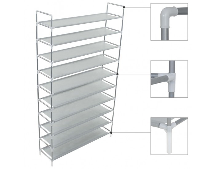 Sonata Стелаж за обувки с 10 рафта, метал и нетъкан текстил, сребро -