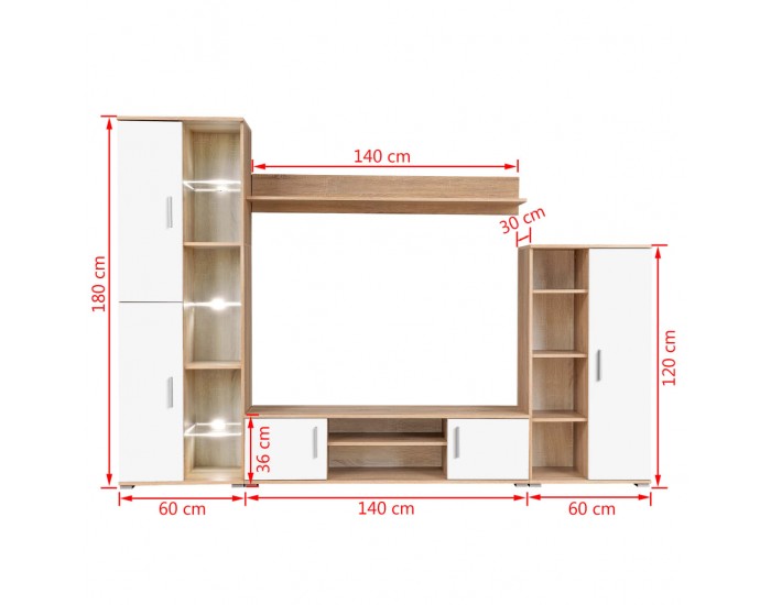 Sonata ТВ секция с LED осветление, дъб сонома и бяло -