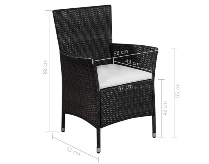 Sonata Външен стол с табуретка и възглавници, полиратан, черни -