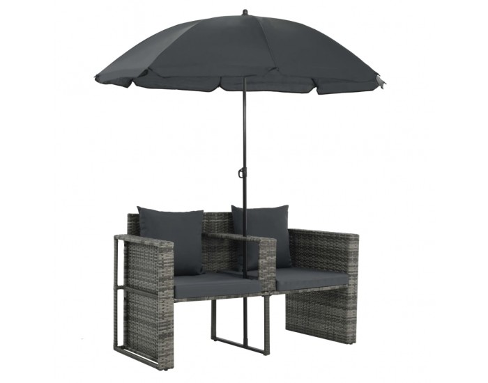 Sonata 2-местен градински диван с възглавници и чадър, сив, полиратан -