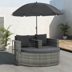 Sonata 2-местен градински диван с възглавници и чадър, сив, полиратан - Градински Дивани и Пейки