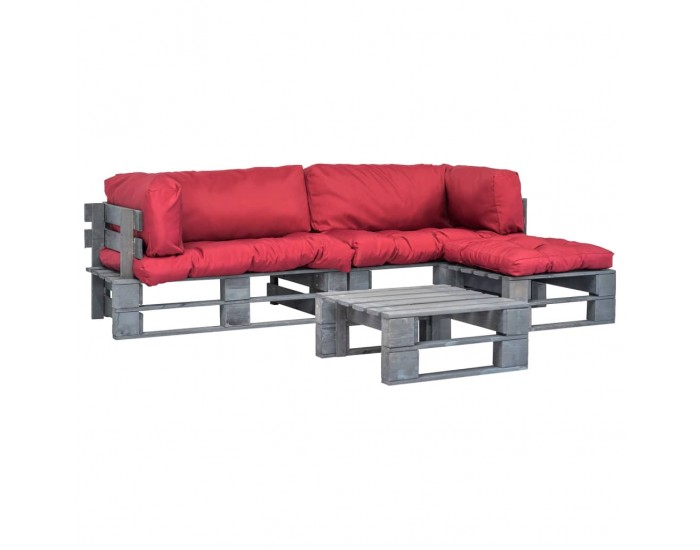 Sonata Градински мебели от палети 4 части червени възглавници FSC бор -