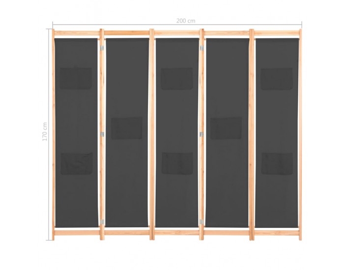 Sonata Параван за стая, 5 панела, сив, 200x170x4 cм, текстил -