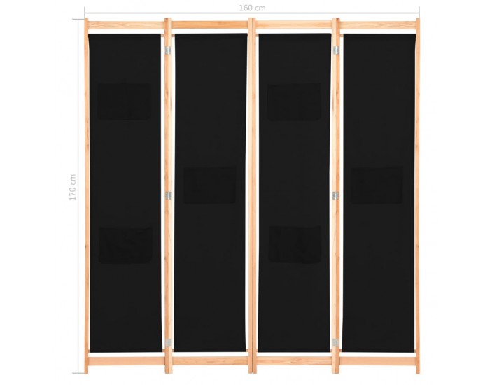Sonata Параван за стая, 4 панела, черен, 160x170x4 cм, текстил -