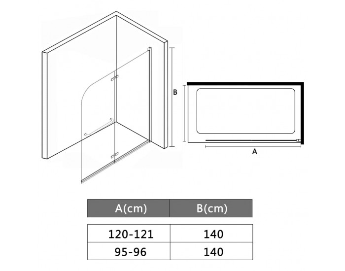 Sonata Сгъваем душ параван, 2 панела, ESG стъкло, 95x140 см -