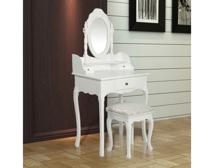 Тоалетка с огледало и табуретка, бяла -