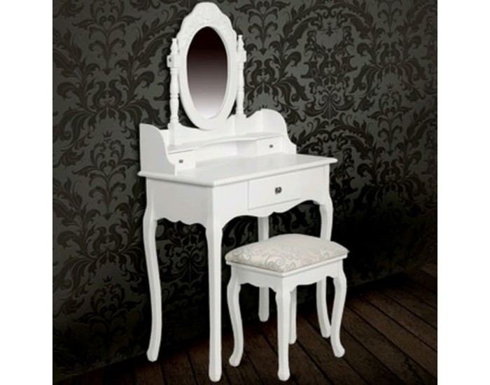 Тоалетка с огледало и табуретка, бяла -