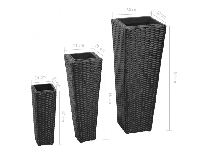 Sonata Градински плантери, 3 бр, полиратан, черни -