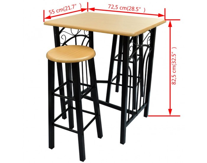 Комплект за хранене с висока маса и столове от дърво и черна стомана -