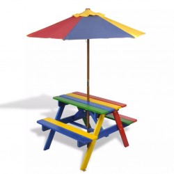 Sonata Детска пикник маса и пейки с чадър в четири цвята - Градински маси