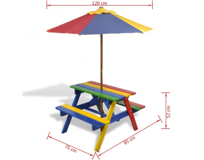 Sonata Детска пикник маса и пейки с чадър в четири цвята -