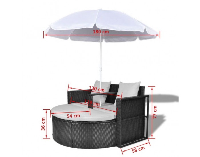 Sonata Градинско легло с чадър, черно, полиратан -