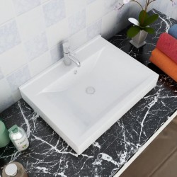 Луксозна керамична мивка с отвор за смесител, бяла, 60 х 46 см - Мивки и Смесители