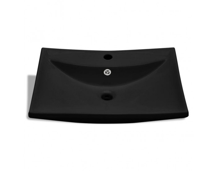Черна керамична мивка с преливник и отвор за смесител, правоъгълна -