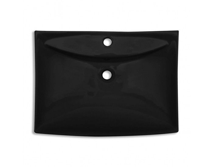 Черна керамична мивка с преливник и отвор за смесител, правоъгълна -