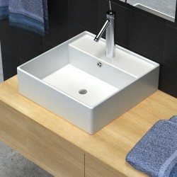 Луксозна керамична мивка с преливник и отвор за смесител, 41 х 41 см - Мивки и Смесители