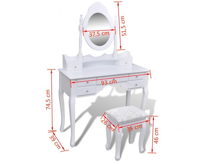 Sonata Тоалетка с огледало и табуретка, 7 чекмеджета, бяла -