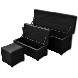 Пейки с място за съхранение и табуретка, черна изкуствена кожа – 3 бр - Sonata H