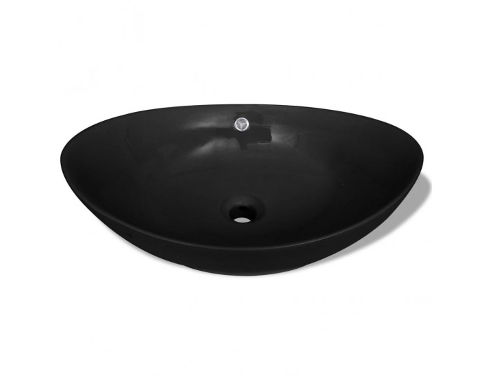 Луксозна керамична мивка с преливник, овална, черна, 59 x 38,5 см -
