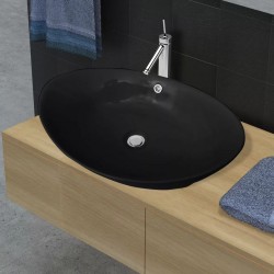 Луксозна керамична мивка с преливник, овална, черна, 59 x 38,5 см - Мивки и Смесители