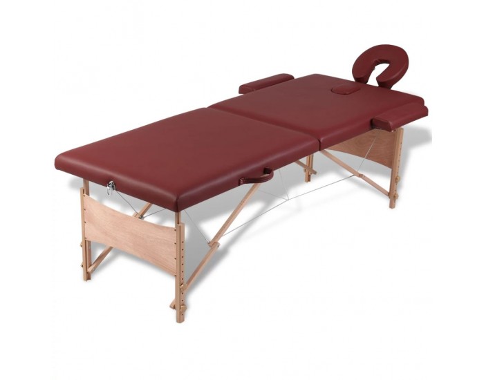 Сгъваема масажна кушетка с 2 зони, червена, дървена рамка -