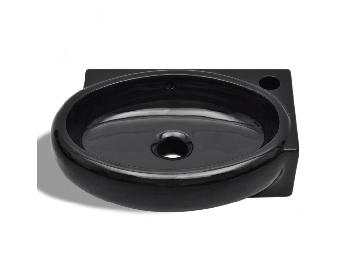 Керамична мивка за баня с преливник, отвор за смесител, черна, кръгла -