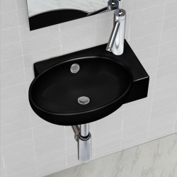 Керамична мивка за баня с преливник, отвор за смесител, черна, кръгла - Мивки и Смесители