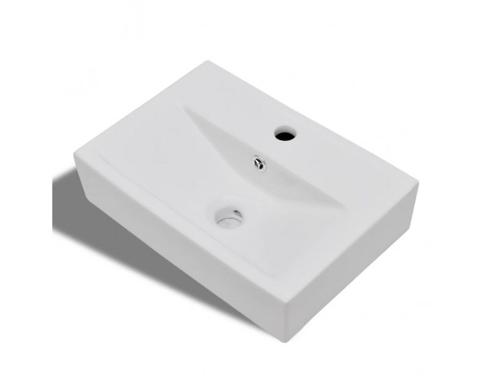 Керамична правоъгълна мивка с преливник и отвор за смесител, бяла -