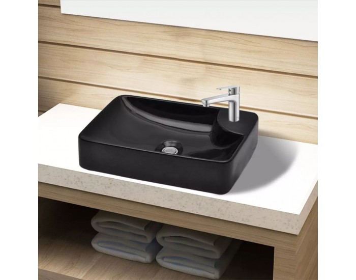 Керамична мивка за баня с отвор за смесител, черна -
