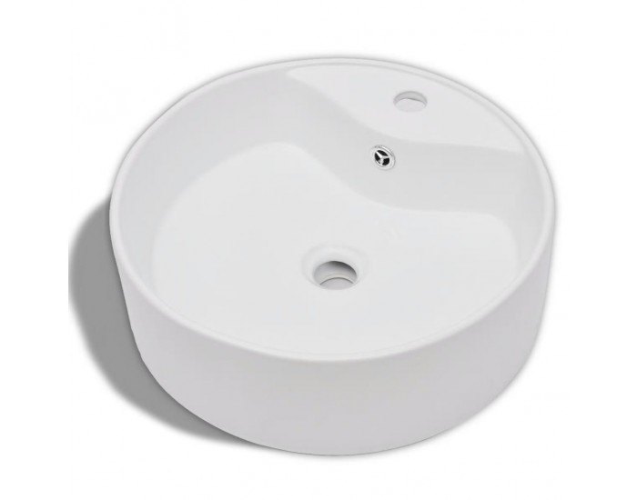 Керамична кръгла мивка с корито, преливник и отвор за смесител, бяла -