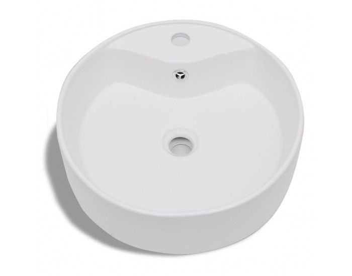 Керамична кръгла мивка с корито, преливник и отвор за смесител, бяла -