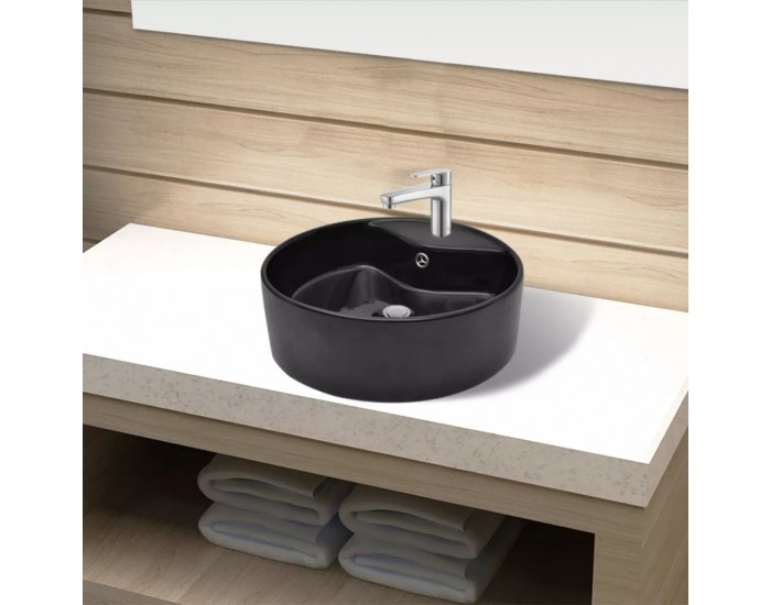 Керамична мивка за баня с преливник, отвор за смесител, черна, кръгла -