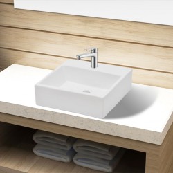 Керамична мивка с отвор за смесител, бяла, квадратна - Мивки и Смесители
