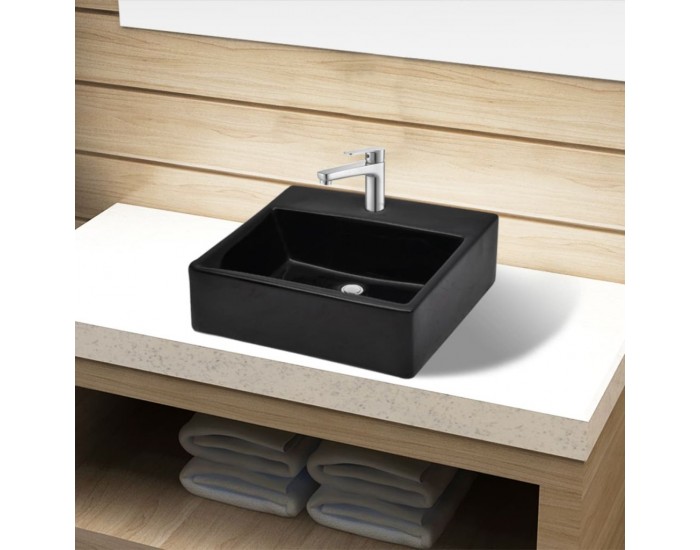 Керамична мивка с отвор за смесител, черна, квадратна -