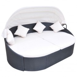 Sonata Градинско лаундж легло със сенник, полиратан, черно - Градински Дивани и Пейки
