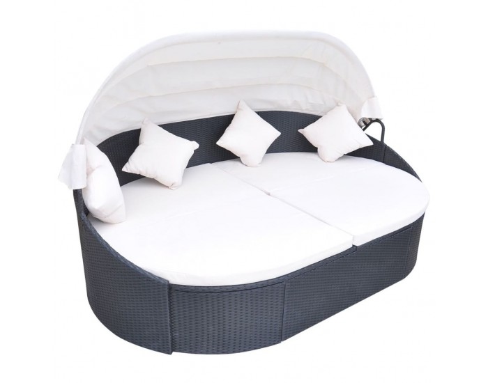 Sonata Градинско лаундж легло със сенник, полиратан, черно -
