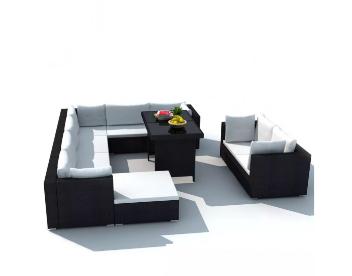 Sonata Градински комплект с възглавници, 10 части, черен полиратан -