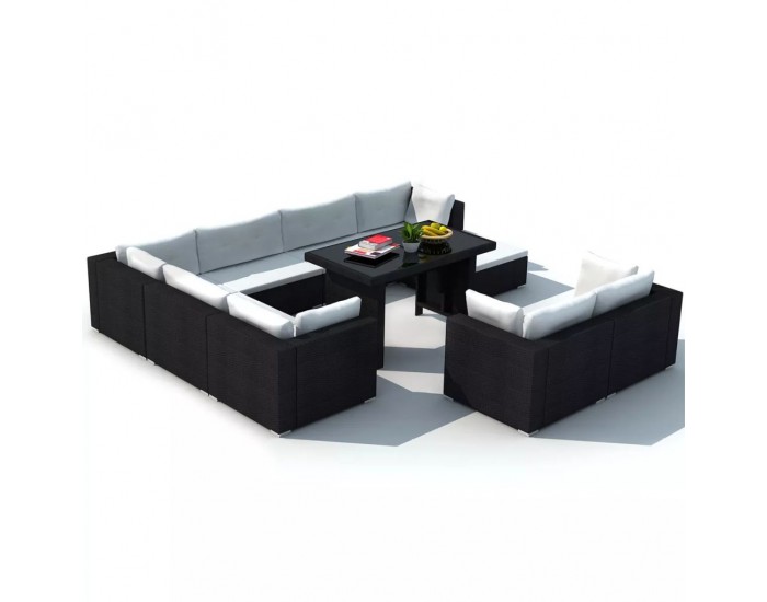 Sonata Градински комплект с възглавници, 10 части, черен полиратан -