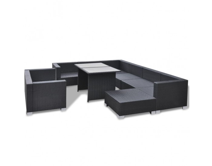 Sonata Градински комплект с възглавници, 10 части, черен полиратан -