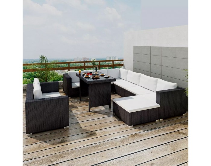 Sonata Градински комплект с възглавници, 10 части, черен полиратан -