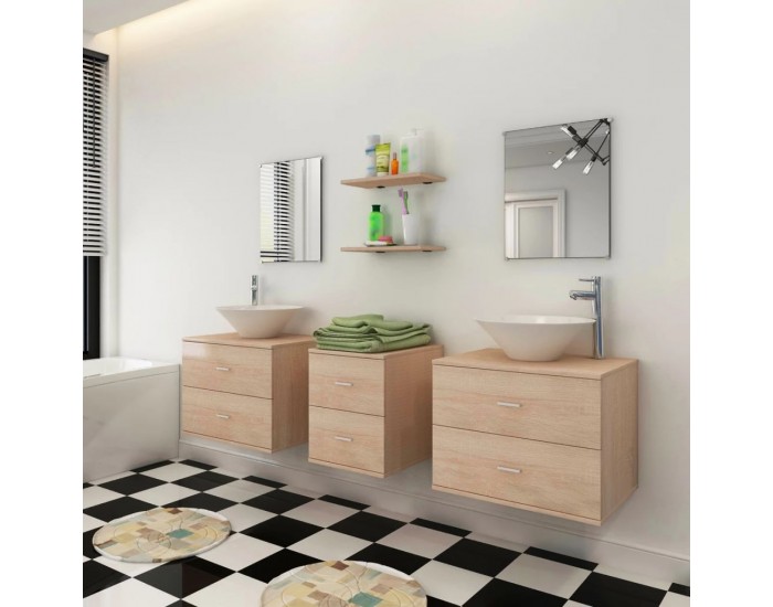 Sonata Комплект мебели за баня от 7 части и мивка, бежов цвят -