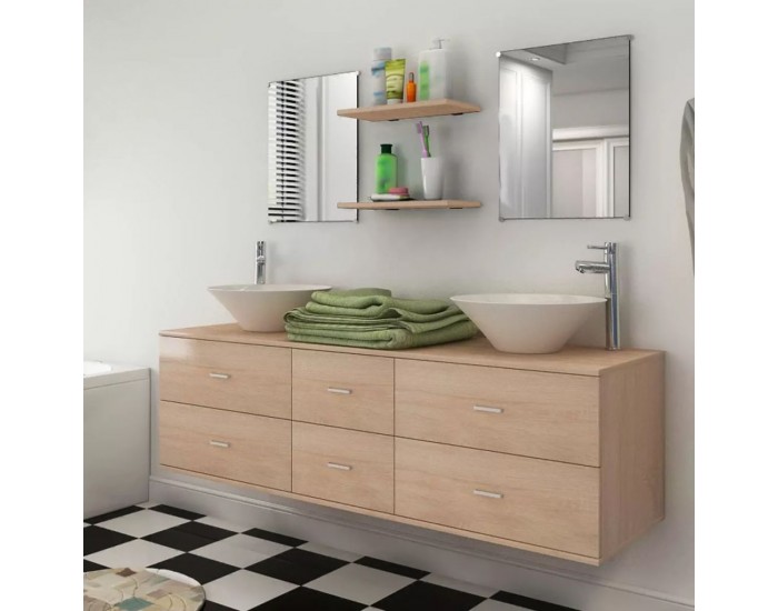 Sonata комплект мебели за баня от 9 части с мивки и смесители, бежови -